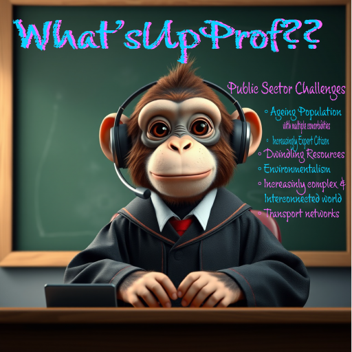 cropped-Monkey-Professor-WUP-Logo-Finalpng - WhatsUpProf?? the Support Website for the NEW podcast series. AOur logo which is an image showing a monkey professor sitting sat at a desk in academic gowns, wearing a headset. The desk is in front of a chalkboard with What'sUpProf?? written on it in neon blue and neon pink chalk. on it as well as a list of public sector challenges.